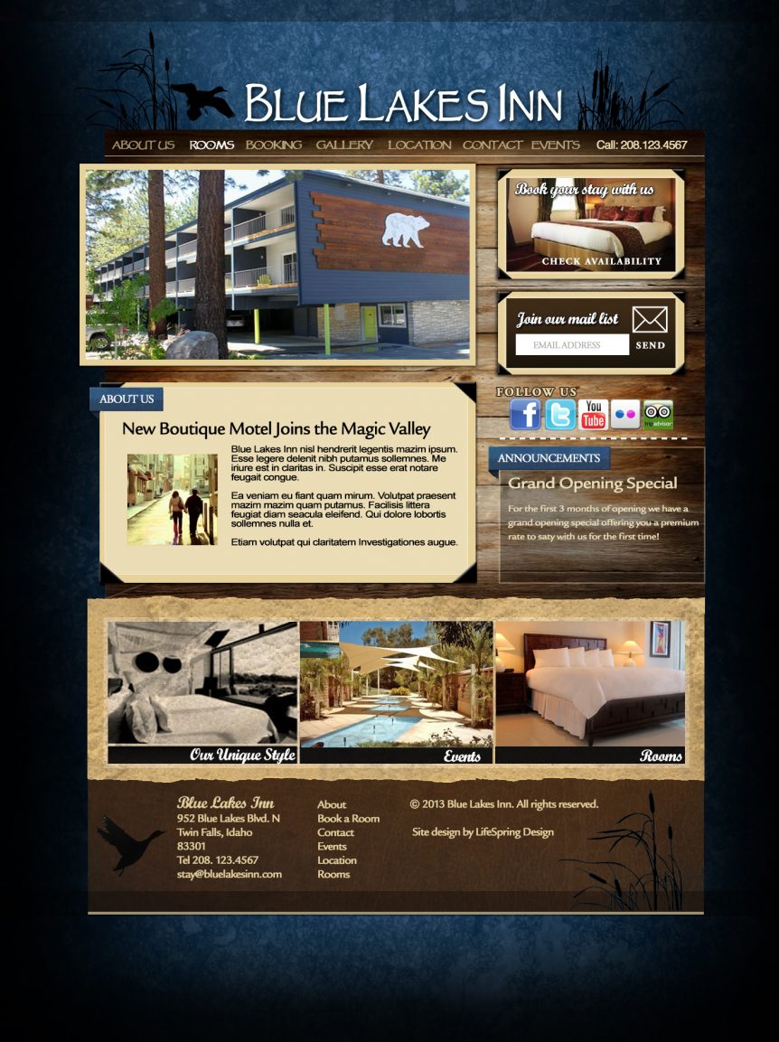 Blue Lakes Inn Boutique Hotel website homepage designed by LifeSpring Design