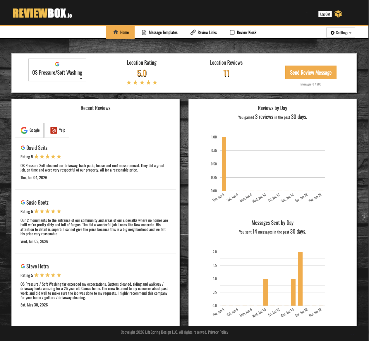 Reviewbox.io review management dashboard on desktop